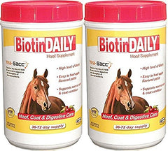 Durvet Biotin Daily Hoof Care Supplement bottle shows a 2-pack for hoof support and growth.