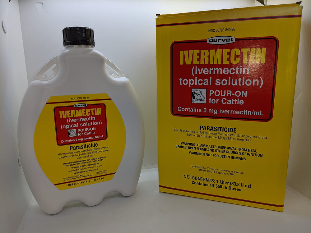 Durvet Ivermectin Pour-On cattle bottle 1000 mL for convenient parasite control.