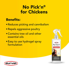 Durvet No Pick'n for Chickens hydrogel spray demonstrates easy application for poultry care.
