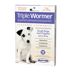 Durvet triple wormer packaging shows easy non-prescription deworming for puppies.