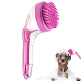 DVHNMK pet bath brush with foam-dispensing pink design for quick, foamy baths.