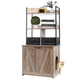 Dwanton litter box enclosure front view shows a sleek greige cabinet concealing litter