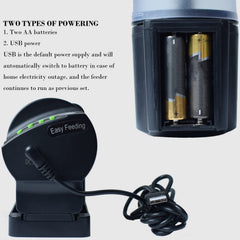 DXOPHIEX WiFi fish feeder USB power cable image shows continuous power during outages.