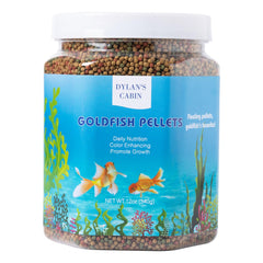 Dylan's cabin floating goldfish food pellets packshot; easy daily feeding on display