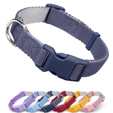 Dynmeow soft-breathable cotton dog collar in navy blue on a dog for all-day comfort.