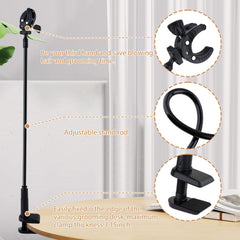 DYNWAVE dog hair dryer stand clamp-mount secures to table edges for hands-free grooming.