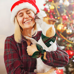 E-Clover Christmas dog bandana worn around neck for chic holiday look.