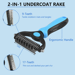 EAFBAO dual-sided undercoat rake with 9 and 17 teeth for shedding control.