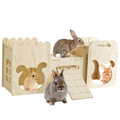 EAROND natural wooden rabbit castle front view highlights durable pine panels for lasting pet play.