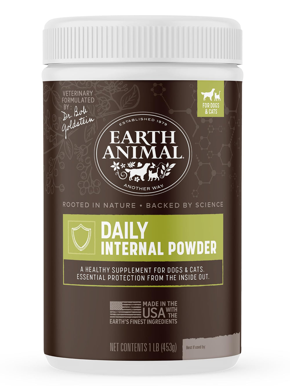 Earth Animal Apothecary daily internal powder bottle; pet safe natural insect deterrence