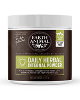 Earth Animal Apothecary daily internal powder packaging highlights vet-formulated natural flea and tick protection.