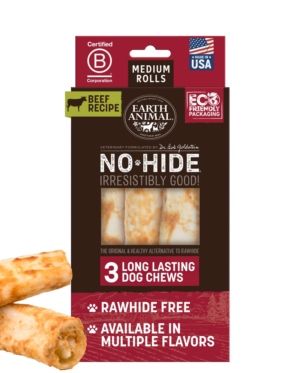 Earth Animal No Hide Chews beef rolls 3-count pack front view, great long-lasting chew for medium dogs.
