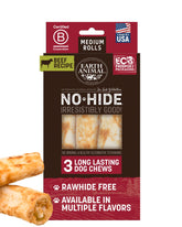 Earth Animal No Hide Chews beef rolls 3-count pack front view, great long-lasting chew for medium dogs.