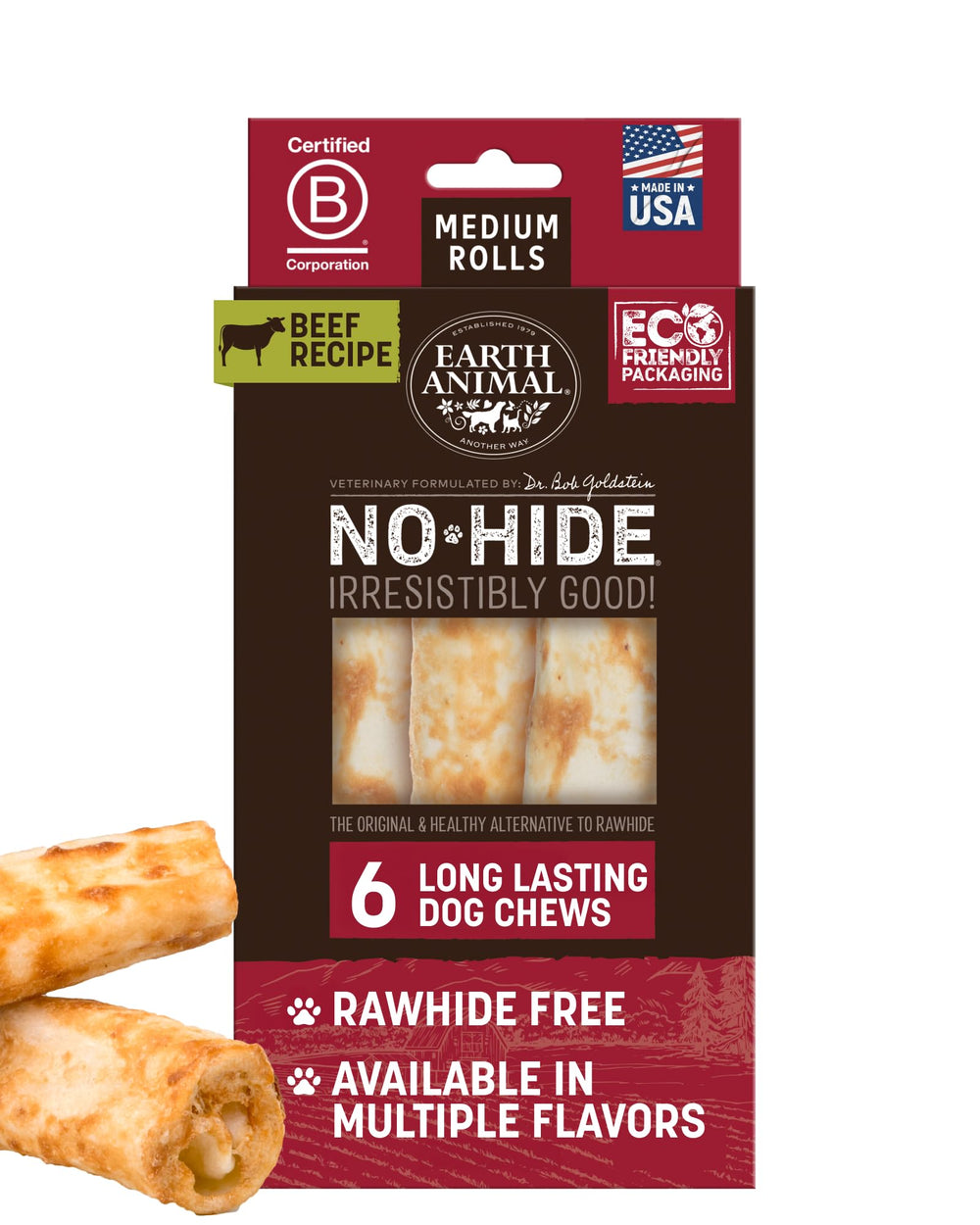 Earth Animal No Hide Chews beef rolls; long-lasting chew for medium dogs.