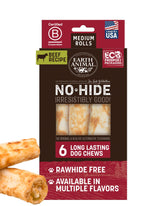 Earth Animal No Hide Chews beef rolls; long-lasting chew for medium dogs.