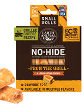 Earth Animal No Hide Chews grill rolls cheddar closeup highlights chewy texture for teeth and gums.
