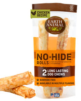 Earth Animal No Hide Chews large dog rolls packaging shows USA-made long-lasting chew.