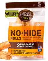 Earth Animal No Hide Chews medium chicken rolls for 46–75 lb dogs, long-lasting entertainment.