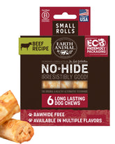 Earth Animal No Hide Chews Beef Rolls 6-count packaging—long-lasting treat for small dogs.