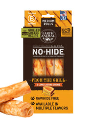 Earth Animal No Hide Chews cheddar rolls closeup showcasing cheese flavor for tasty chewing.