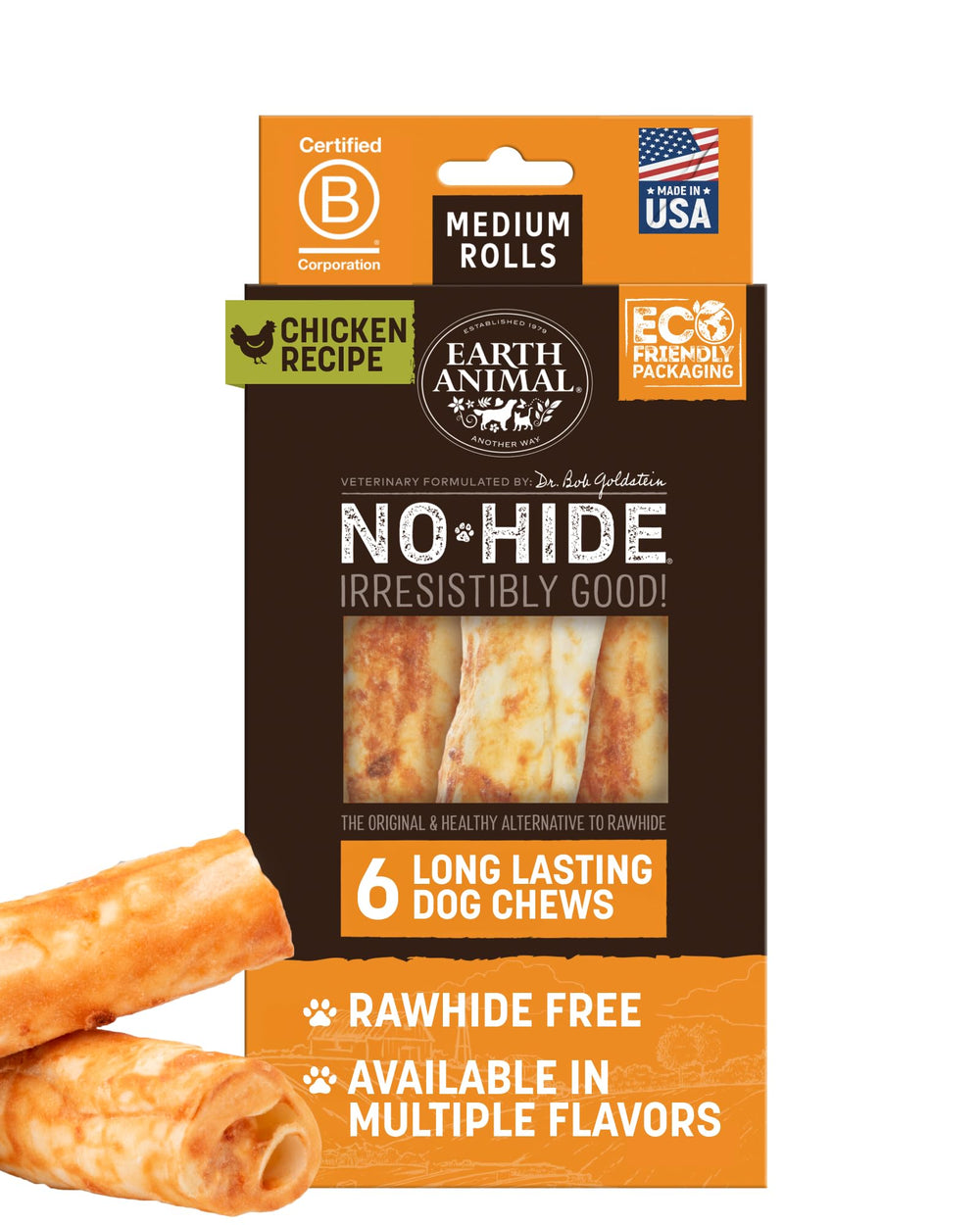 Earth Animal No Hide Chews chicken rolls pack for medium dogs - long-lasting chew