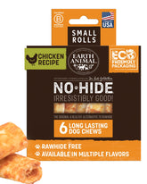 Earth Animal No Hide Chews rolls packaging highlights the no-hide formula for small dogs.