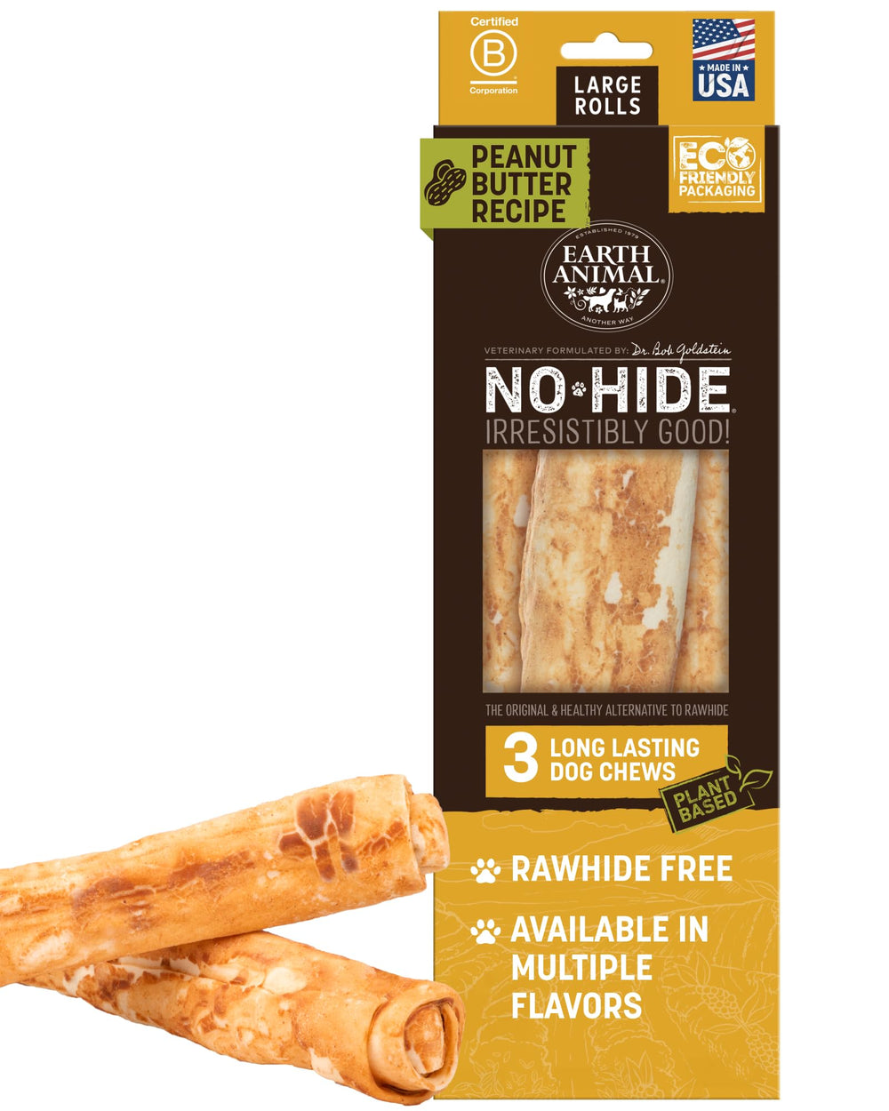Earth Animal No Hide Rolls peanut butter for large dogs, long-lasting chew