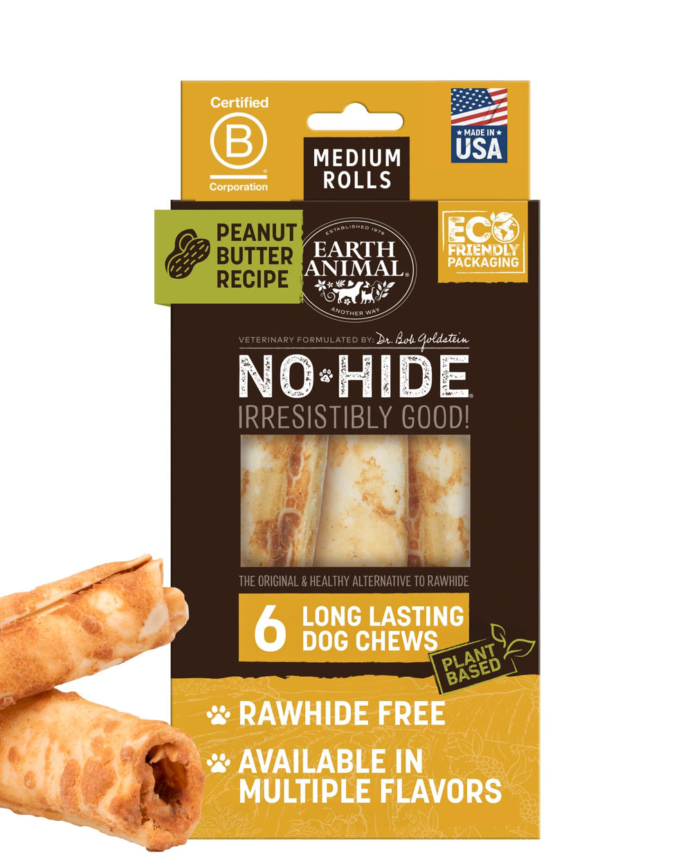 Earth Animal No Hide Chews packaging highlight long-lasting, rawhide-free chews for medium dogs, great boredom relief
