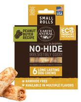Earth Animal No Hide Chews rolls peanut butter for small dogs highlighting long-lasting chew time