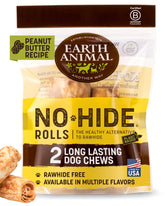 Earth Animal No Hide chews rolls close-up for small dogs, long-lasting peanut butter flavor, promotes mindful chewing.