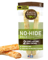 Earth Animal No Hide Chews Rolls packaging highlights rawhide-free pork chews for large dogs.
