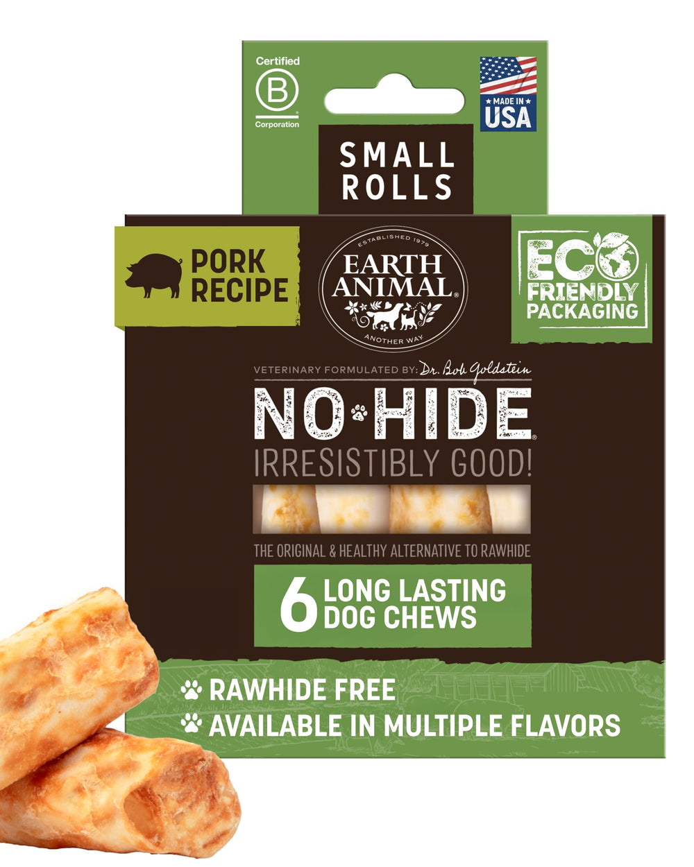 Earth Animal No Hide Chews pork rolls for small dogs offer long-lasting chew satisfaction.