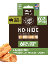 Earth Animal No Hide Chews pork rolls for small dogs offer long-lasting chew satisfaction.