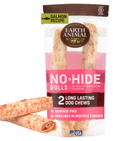 Earth Animal No Hide Chews Salmon Rolls pack front shows long-lasting chews for large dogs