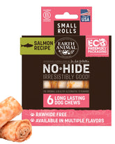 Earth Animal No Hide Chews Salmon Rolls packaging for six-count small dogs