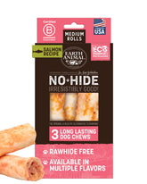 Earth Animal No Hide Chews Salmon Rolls packaging for a 3-count value pack, ideal for medium dogs