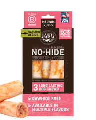 Earth Animal No Hide Chews Salmon Rolls packaging for a 3-count value pack, ideal for medium dogs