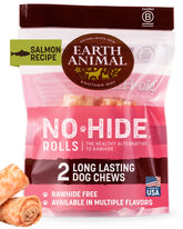 Earth Animal No Hide Chews Salmon Rolls packaging offers a long-lasting small-dog chew option.
