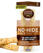 Earth Animal No Hide Venison Rolls packaging shows two-piece rawhide-free chews for large dogs.