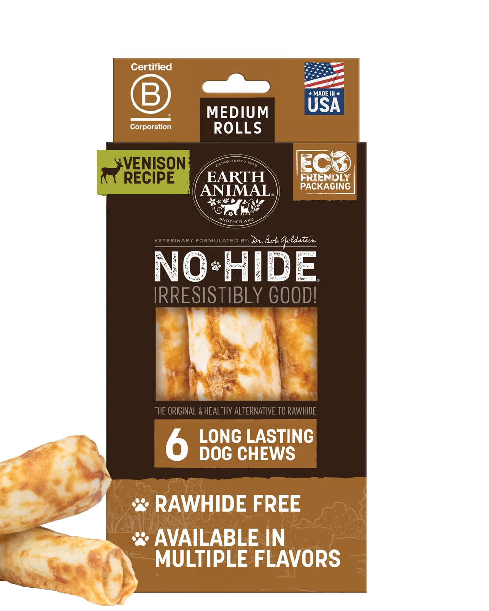 Earth Animal No Hide Venison Rolls packaging shows a long-lasting medium-chew experience.