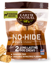 Earth Animal No Hide Chews venison rolls packaging shows USA-made quality and natural ingredients.