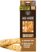 Earth Animal No Hide Rolls venison packaging shows long-lasting chew for large dogs.