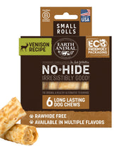 Earth Animal No-Hide Rolls venison for small dogs—easy chew with dental support.