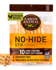 Earth Animal No Hide Stix chicken small-dog chew close-up, long-lasting flavor.