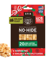 Earth Animal No-Hide Stix hero holiday pack shows long-lasting chews for small dogs.