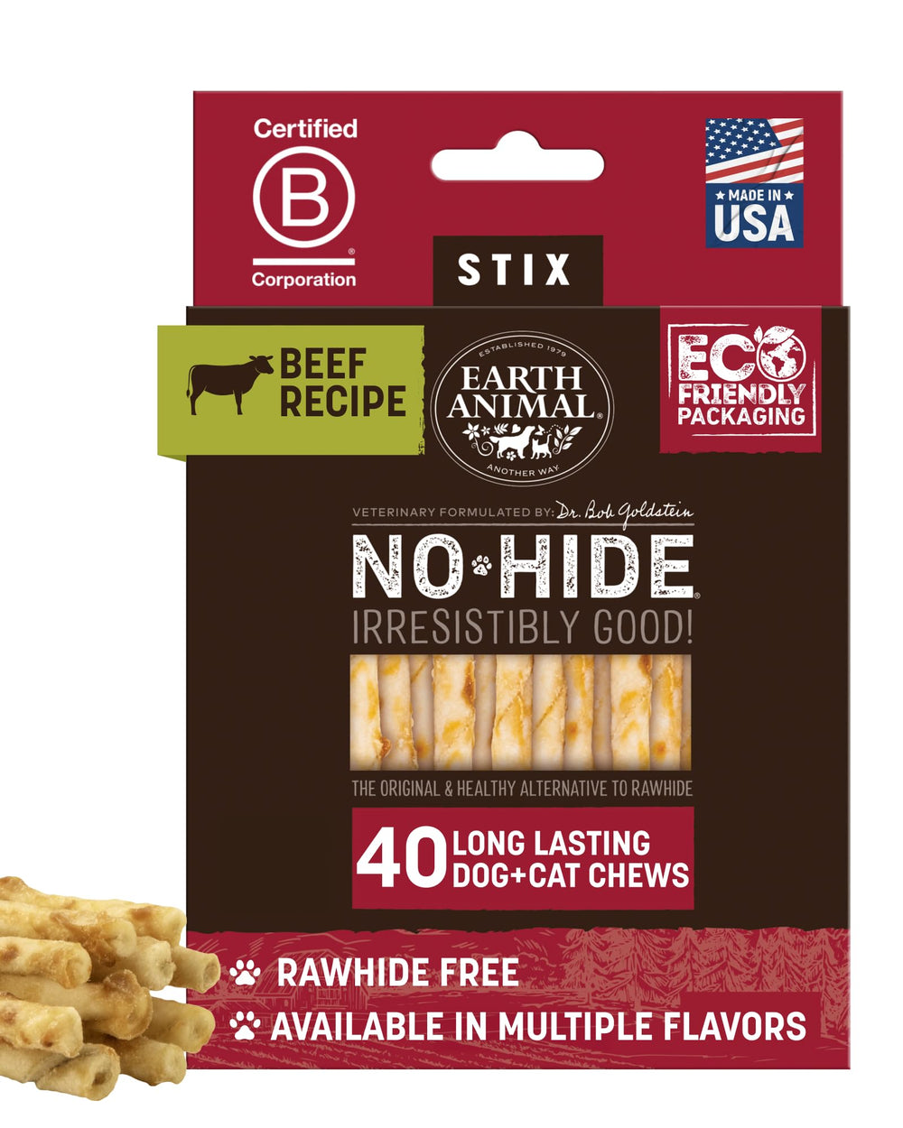 Earth Animal No Hide Stix packaging shows the 40-count value pack for small dogs