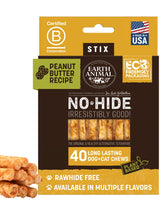 Earth Animal No Hide Stix packaging in a 40-count value pack for convenient chewing.