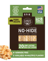 Earth Animal No Hide Stix front-pack shows long lasting pork chews for small dogs