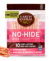 Earth Animal No Hide Stix Salmon 10-count pack — long-lasting, rawhide-free chews for small pets.