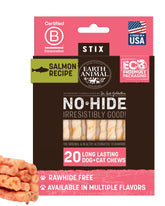 Earth Animal No Hide Stix Salmon pack hero shows long-lasting chew for small dogs